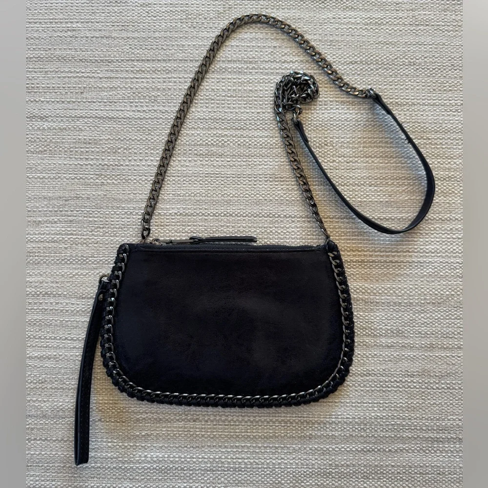 Madison West small black vegan leather crossbody bag purse with‎ chain details